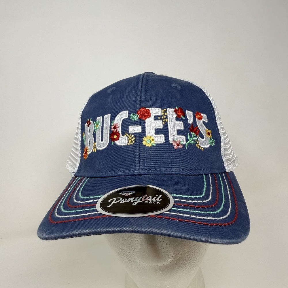 Buc-ees Strapback Hat Cap‎ Womens Trucker Floral Embroidered Mesh Ponytail Hole